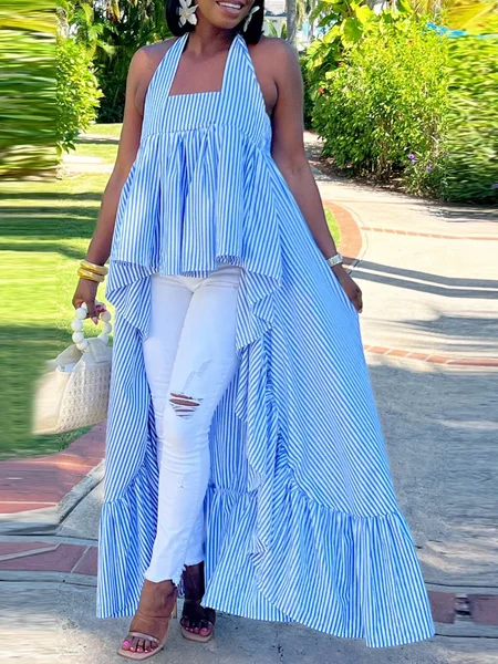 

Casual Striped Gathered Halter Blouse, Blue, Blouses and Shirts