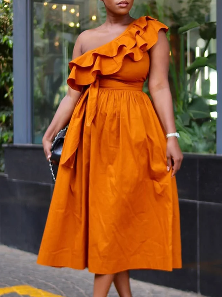 

Urban Plain Peplum One Shoulder Midi Dress With Belt, Orange, Midi Dresses