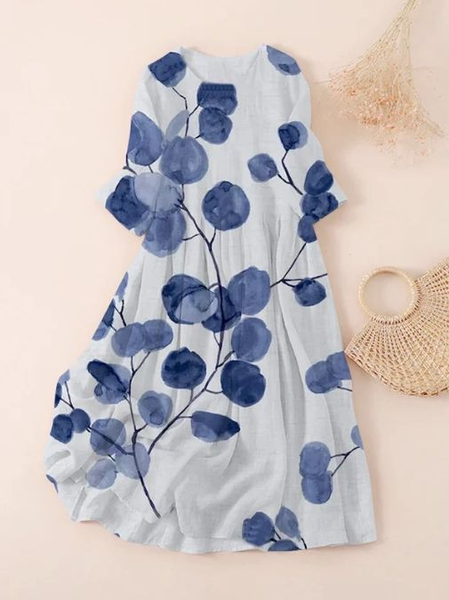 

Women Floral Three Quarter Sleeve Spring/Fall Printing Dress Crew Neck Daily Casual Maxi Classic H-Line Dress, White, Casual Dresses