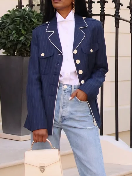 

Urban Buttoned Striped Lapel Collar Blazer, Blue, Blazers