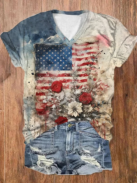 

Women Floral Short Sleeve Tee T-shirt V Neck Printing Casual Summer Graphic Tee Top, As picture, T-Shirts