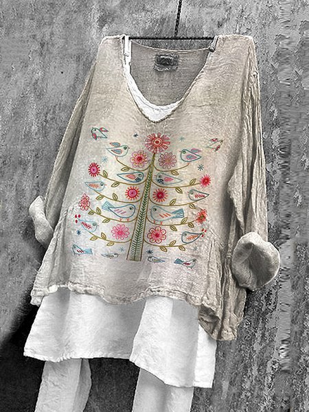 

Crew Neck Long Sleeve Floral Regular Micro-Elasticity Regular Fit Shirt For Women, Off white, Shirts