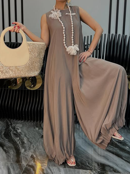 

Casual Gathered Plain Crew Neck Tank Jumpsuit, As picture, Jumpsuits