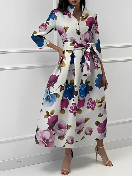 

Elegant Floral Maxi Dress With Belt, As picture, Maxi Dresses