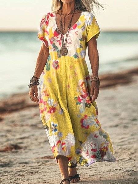 

Women Floral Summer Dress V Neck Short Sleeve A-Line Dress, Yellow, Dresses