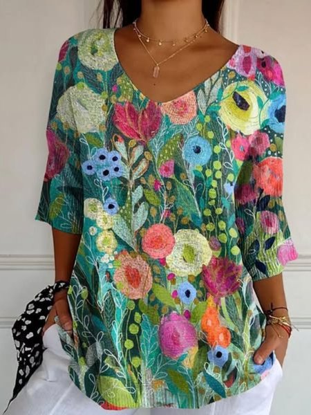 

Vintage Floral Crew Neck Long Sleeve T-shirt, Green, T-shirts