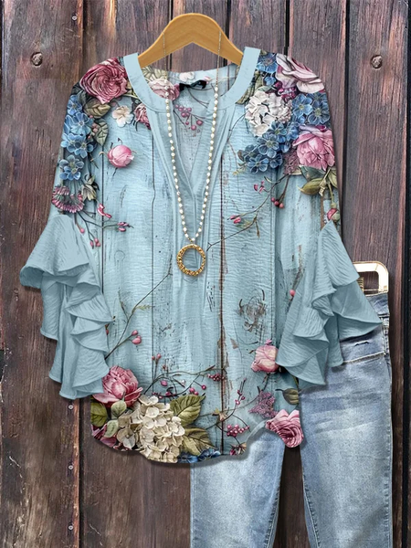 

Women Floral Half Sleeve Shirt Summer Printing V Neck Daily Casual Top, Blue, Shirts