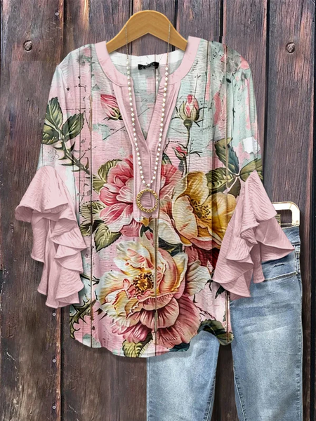 

Women Floral Half Sleeve Shirt Summer Printing V Neck Daily Casual Top, Pink, Shirts