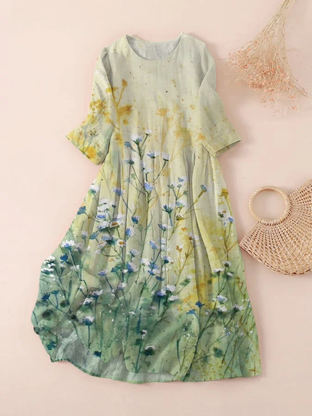 

Women Floral Three Quarter Sleeve Spring/Fall Printing Dress Crew Neck Daily Casual Maxi Classic H-Line Dress, Green, Casual Dresses