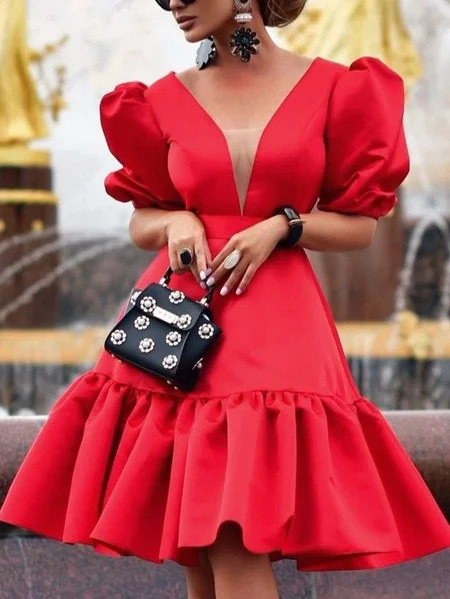 

Elegant Plain Ruched V Neck Knee Length Dress, Red, Mini Dresses