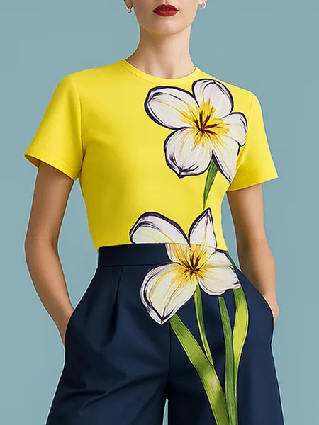 

Urban Floral Printing Crew Neck T-shirt, Yellow, Tees