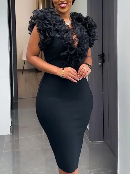 

Urban Plain Peplum V Neck Midi Dress, Black, Midi Dresses