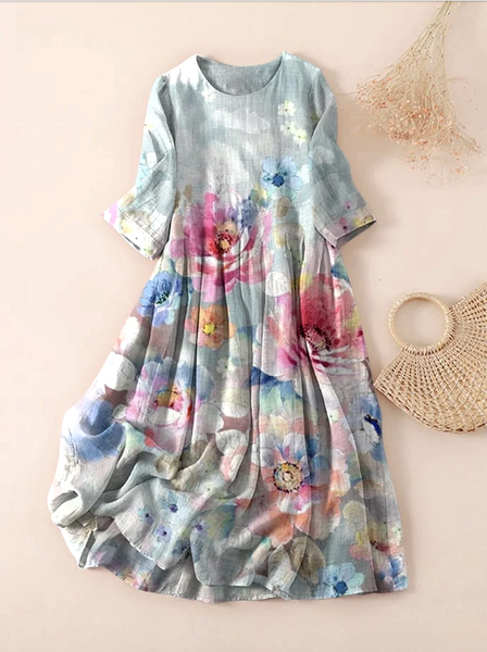 

Women Floral Spring/Fall Dress Crew Neck Three Quarter Sleeve A-Line Dress, Light blue, Maxi