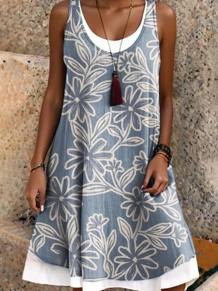 

Women Floral Summer Dress Crew Neck Sleeveless A-Line Dress, Purplish blue, Dresses