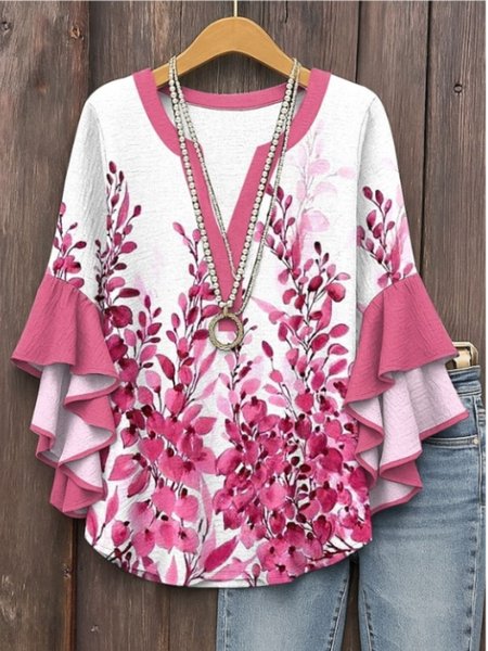 

V Neck Half Sleeve Plants Regular Micro-Elasticity Regular Fit Blouse For Women, Pink, Blouses