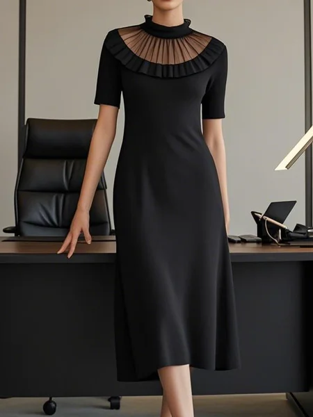

Elegant Plain Mesh Stand Collar Midi Dress, Black, Midi Dresses