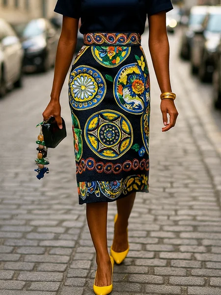 

Vacation Printing Ethnic Geometry Midi Skirt, As picture, Skirts