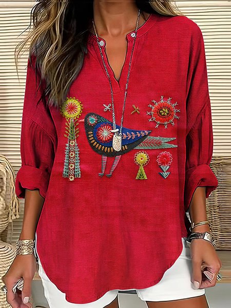 

V Neck Long Sleeve Geometric Regular Micro-Elasticity Regular Fit Shirt For Women, Red, Shirts