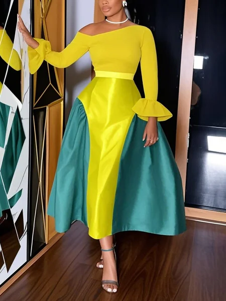 

Elegant Color Block Bell Sleeve Split Joint Asymmetrical Midi Party Dress, Yellow, Maxi Dresses