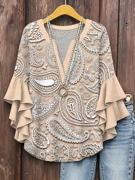 

V Neck Half Sleeve Paisley Regular Micro-Elasticity Regular Fit Blouse For Women, Apricot, Blouses