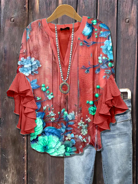 

Women Floral Half Sleeve Shirt Summer Printing V Neck Daily Casual Top, Red, Shirts