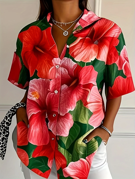 

Women Floral Short Sleeve Shirt Summer Printing Shirt Collar Daily Casual Top, Red, Shirts
