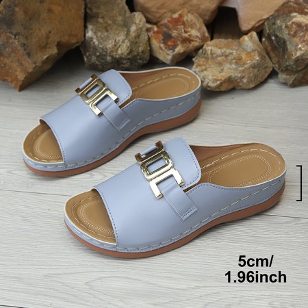 

Vintage Plain Slip On Low Heel Slide Sandals, Blue, Sandals