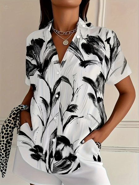 

Women Floral Short Sleeve Shirt Summer Printing Shirt Collar Daily Casual Top, White, Shirts