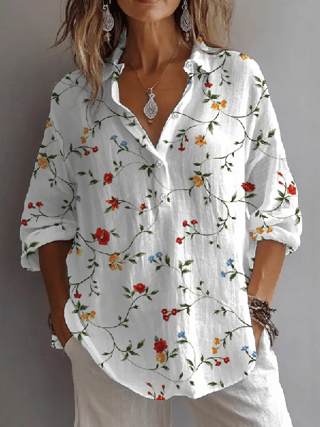 

Women's Vintage Floral Print Lapel Button-Down Shirt, White, Blouses & Shirts