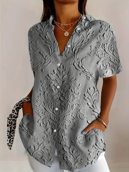 

Women Floral Short Sleeve Shirt Summer Printing Shirt Collar Daily Casual Top, Gray, Shirts