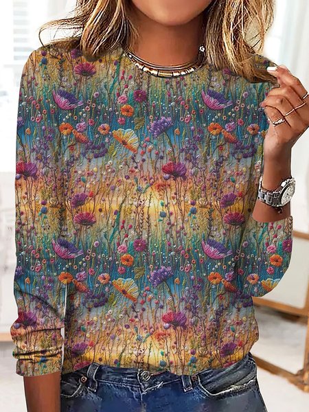

Casual Floral Crew Neck Long Sleeve T-shirt, Yellow, T-shirts