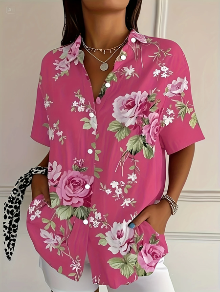 

Women Floral Short Sleeve Shirt Summer Printing Shirt Collar Daily Casual Top, Pink, Shirts