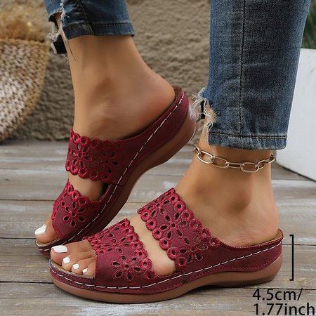 

Vintage Plain Slip On Flat Heel Slide Sandals, Red, Sandals