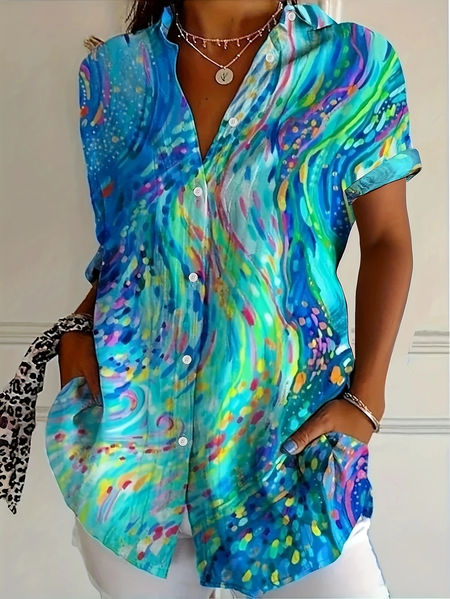 

Women Abstract Short Sleeve Shirt Summer Printing Shirt Collar Daily Casual Top, Blue, Shirts