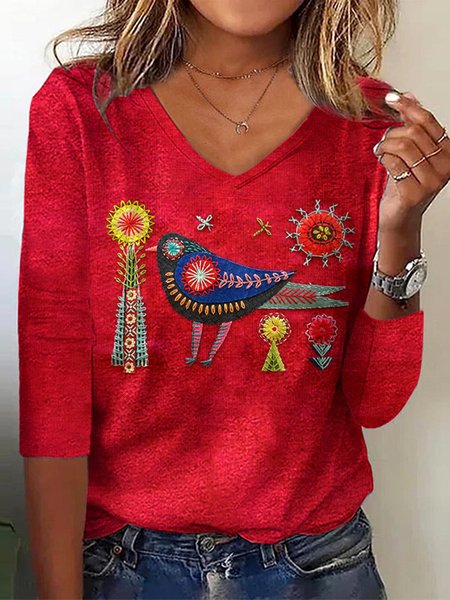 

Casual Animal V Neck Long Sleeve T-shirt, Red, T-shirts