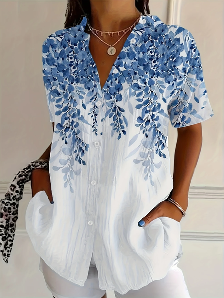 

Women Floral Short Sleeve Shirt Summer Printing Shirt Collar Daily Casual Top, White, Shirts