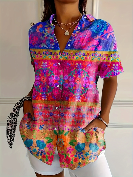 

Women Floral Short Sleeve Shirt Summer Printing Shirt Collar Daily Casual Top, As picture, Shirts