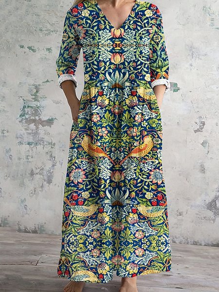 

Women Floral Spring/Fall Dress Crew Neck Long Sleeve A-Line Dress, Green, Maxi