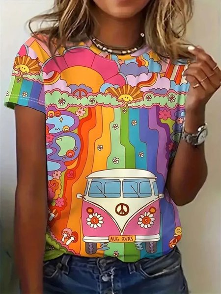 

Vintage Painting Crew Neck Short Sleeve T-shirt, Multicolor, Shirts