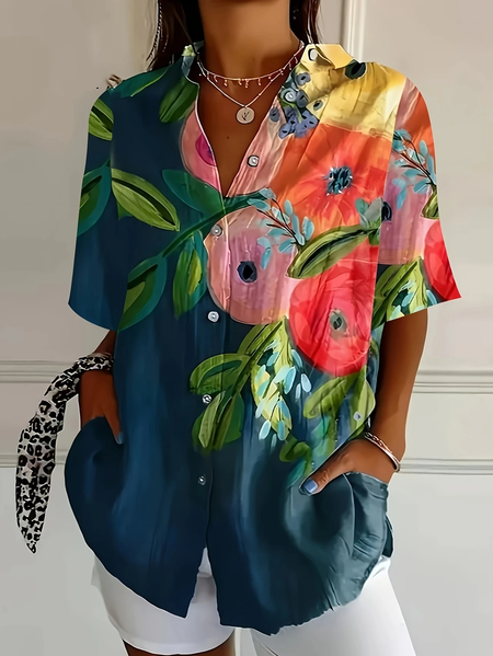 

Shirt Collar Short Sleeve Floral Printing Regular Micro-Elasticity Loose Button Up Shirt Shirt For Women, Navyblue, Shirts