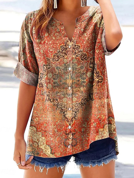 

V Neck Short Sleeve Nationality/ethnic Regular Micro-Elasticity Regular Fit Shirt For Women, As picture, Shirts