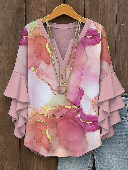 

V Neck Half Sleeve Geometric Regular Micro-Elasticity Regular Fit Blouse For Women, Pink, Blouses