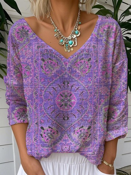 

Casual Floral V Neck Long Sleeve T-shirt, Purple, T-shirts