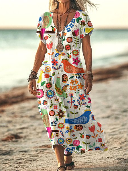 

Women Floral Summer Dress V Neck Short Sleeve A-Line Dress, White, Maxi
