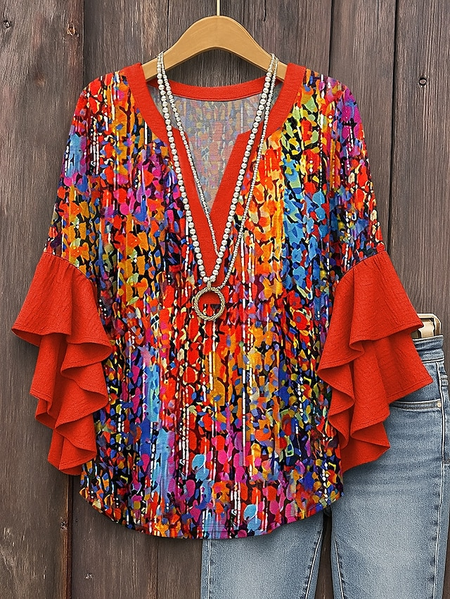 

V Neck Half Sleeve Geometric Regular Micro-Elasticity Regular Fit Blouse For Women, Orange, Blouses