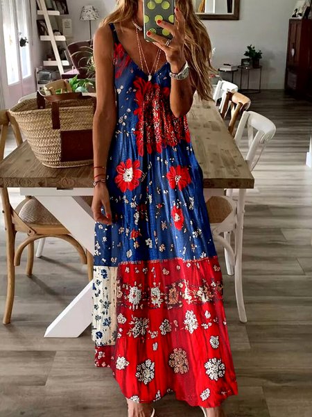

Women Floral Summer Dress V Neck Sleeveless A-Line Dress, Lake blue, Maxi