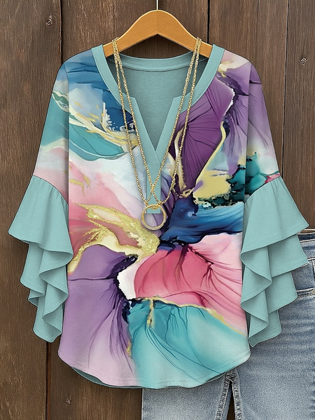 

V Neck Half Sleeve Floral Regular Micro-Elasticity Regular Fit Blouse For Women, As picture, Blouses
