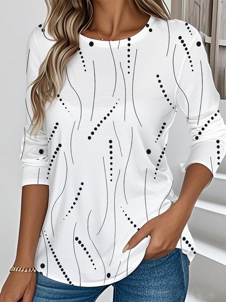 

Casual Striped Crew Neck Long Sleeve T-shirt, White, T-shirts
