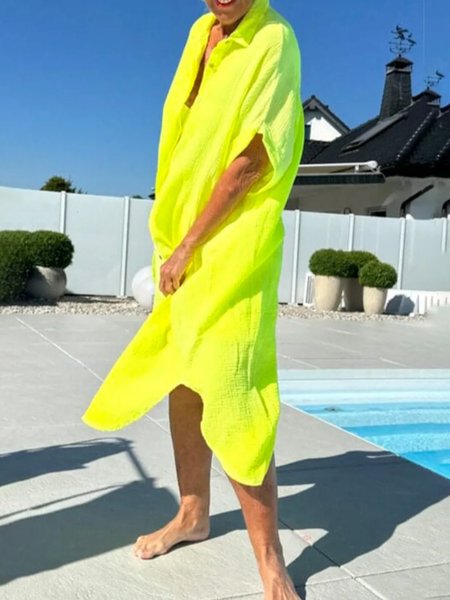 

Vacation Striped Shirt Collar Dress, Yellow, Maxi Dresses
