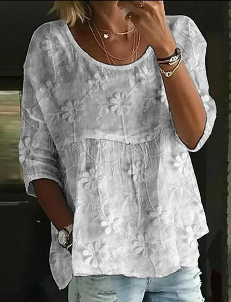 

Women Floral Half Sleeve Shirt Summer Printing Crew Neck Daily Casual Top, White, Blouses